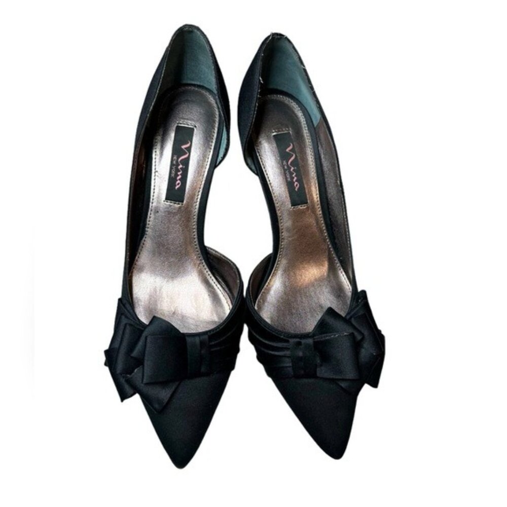 Nina Womens Satin Bow Pointed-Toe Black Heels Size 7.5